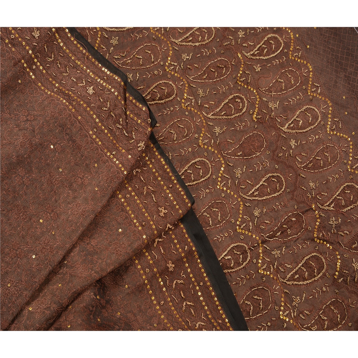 Sanskriti Vintage Brown Saree Art Silk Hand Beaded Woven Craft Fabric Cultural Sari