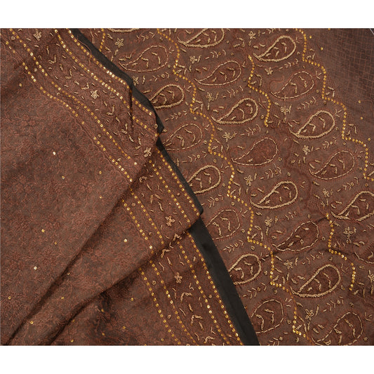 Vintage Brown Saree Art Silk Hand Beaded Woven Craft Fabric Cultural Sari