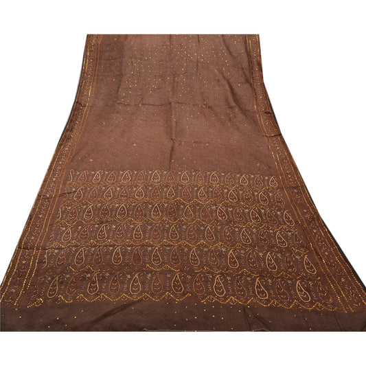 Vintage Brown Saree Art Silk Hand Beaded Woven Craft Fabric Cultural Sari