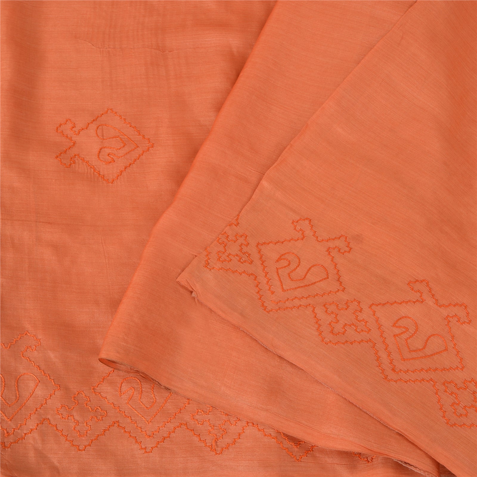 Sanskriti Vintage Sarees Pure Silk Hand Embroidered Peach Craft 5 YD Fabric Sari