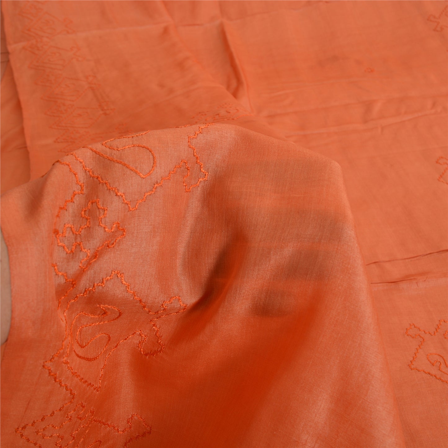 Sanskriti Vintage Sarees Pure Silk Hand Embroidered Peach Craft 5 YD Fabric Sari