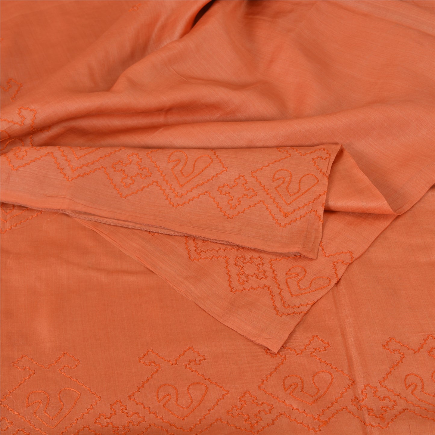 Sanskriti Vintage Sarees Pure Silk Hand Embroidered Peach Craft 5 YD Fabric Sari