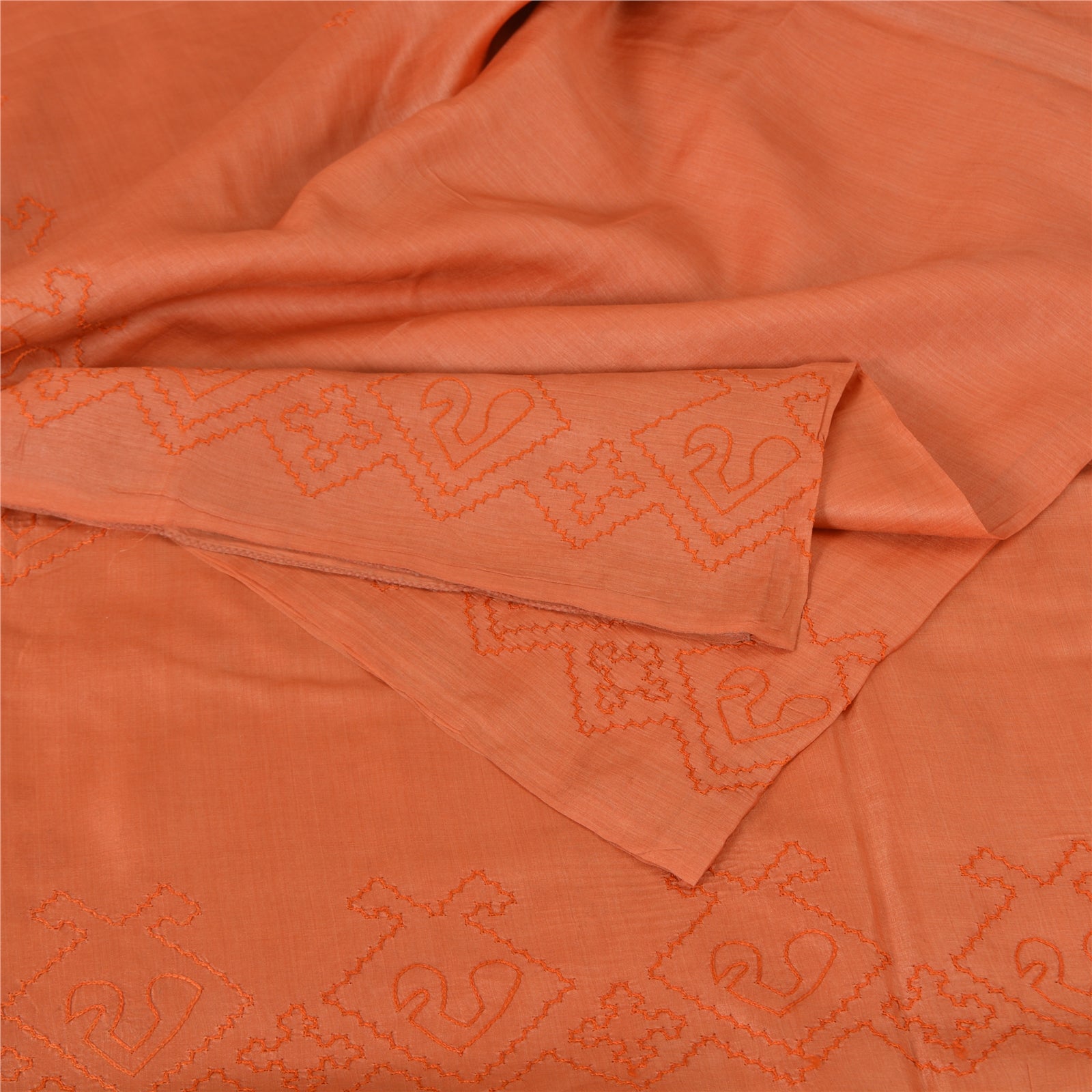 Sanskriti Vintage Sarees Pure Silk Hand Embroidered Peach Craft 5 YD Fabric Sari
