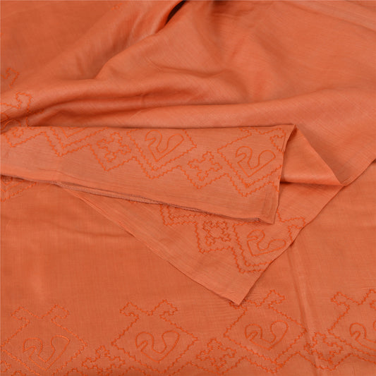 Sanskriti Vintage Sarees Pure Silk Hand Embroidered Peach Craft 5 YD Fabric Sari