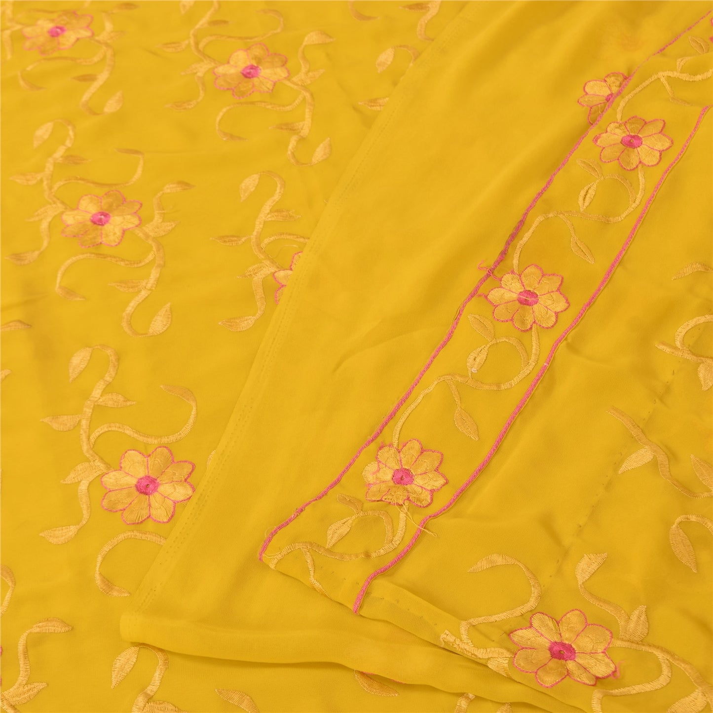 Sanskriti Vintage Indian Yellow Sarees Georgette Embroidered Fabric Premium Sari