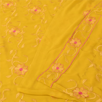 Sanskriti Vintage Indian Yellow Sarees Georgette Embroidered Fabric Premium Sari