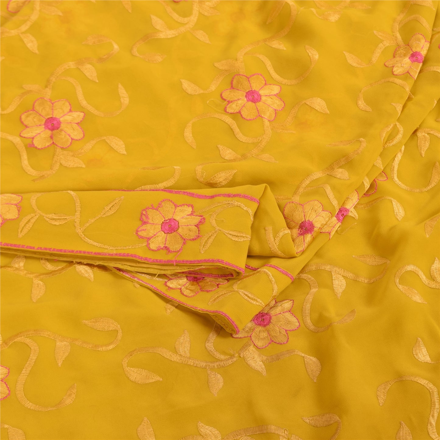 Sanskriti Vintage Indian Yellow Sarees Georgette Embroidered Fabric Premium Sari