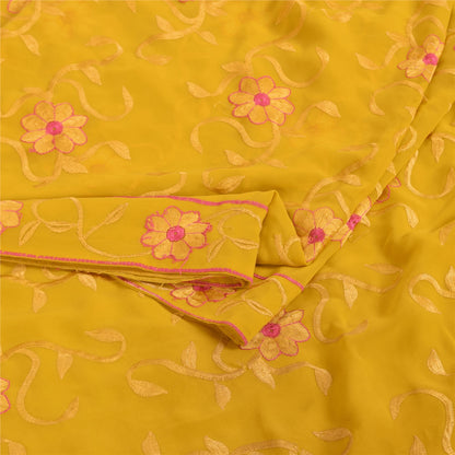 Sanskriti Vintage Indian Yellow Sarees Georgette Embroidered Fabric Premium Sari
