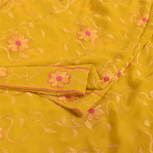 Sanskriti Vintage Indian Yellow Sarees Georgette Embroidered Fabric Premium Sari
