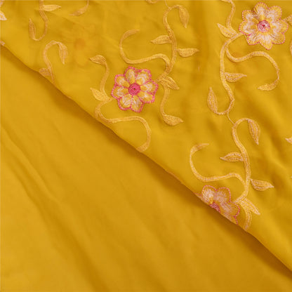 Sanskriti Vintage Indian Yellow Sarees Georgette Embroidered Fabric Premium Sari