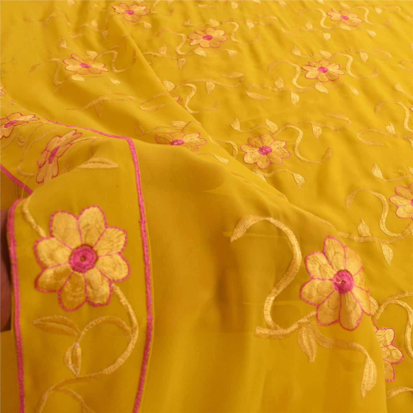 Sanskriti Vintage Indian Yellow Sarees Georgette Embroidered Fabric Premium Sari