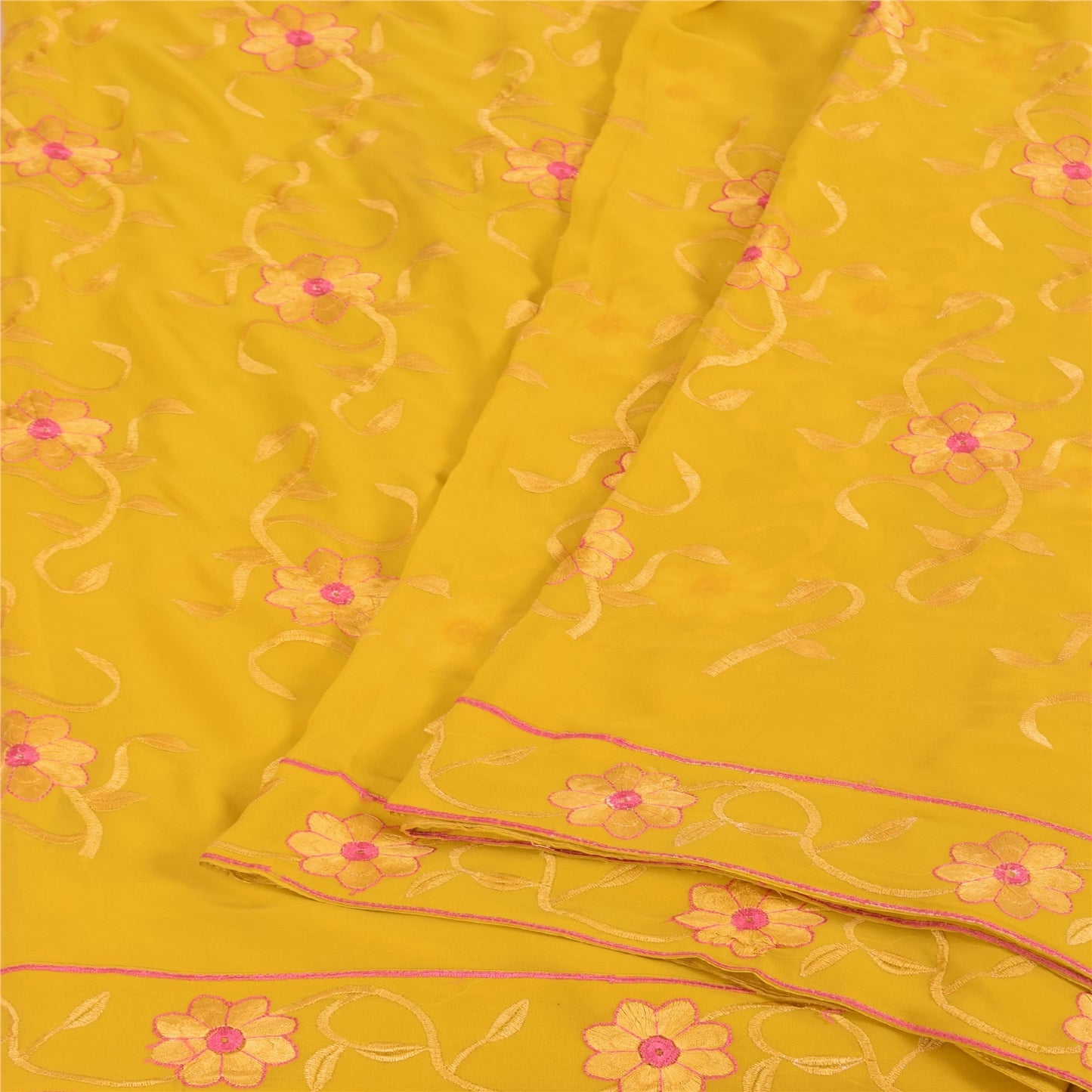 Sanskriti Vintage Indian Yellow Sarees Georgette Embroidered Fabric Premium Sari
