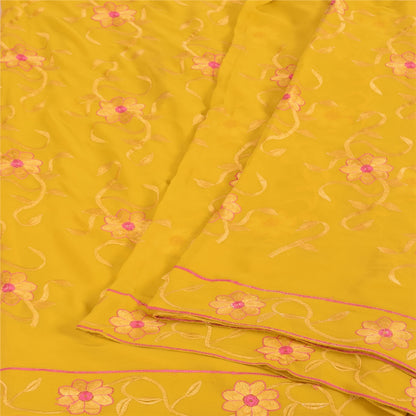 Sanskriti Vintage Indian Yellow Sarees Georgette Embroidered Fabric Premium Sari