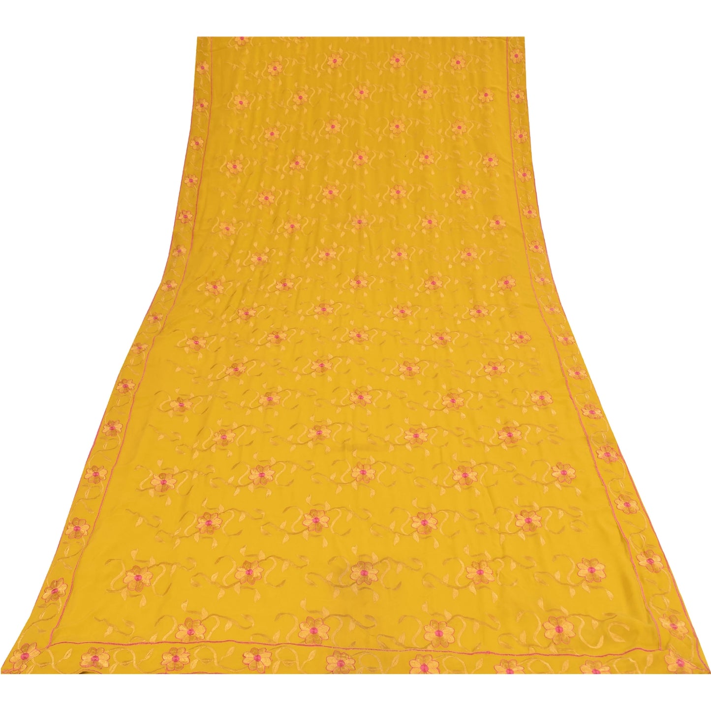 Sanskriti Vintage Indian Yellow Sarees Georgette Embroidered Fabric Premium Sari