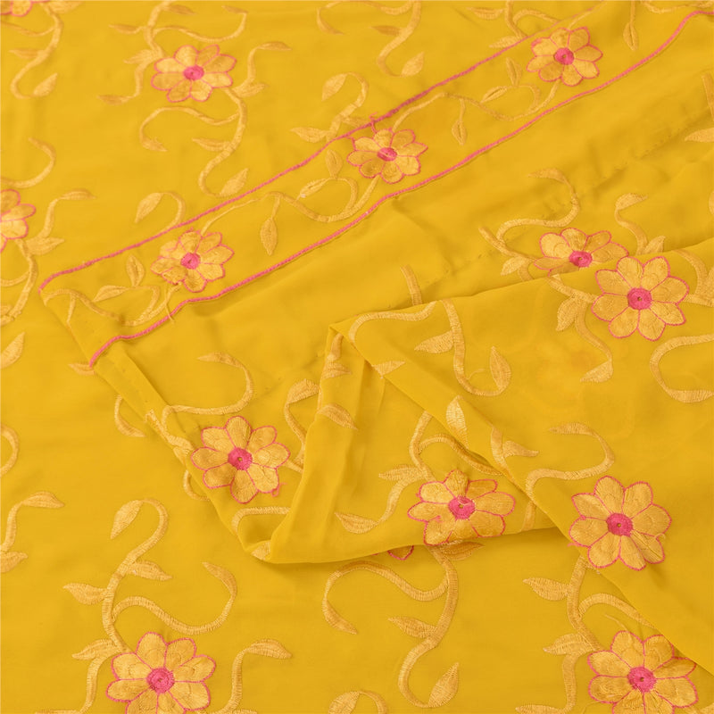 Sanskriti Vintage Indian Yellow Sarees Georgette Embroidered Fabric Premium Sari