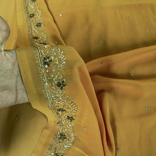 Sanskriti Vintage Saree Yellow Georgette Sari Hand Embroidered Dabka 6YD Fabric
