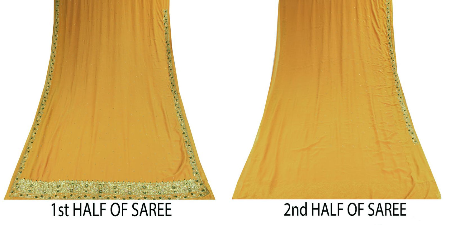 Sanskriti Vintage Saree Yellow Georgette Sari Hand Embroidered Dabka 6YD Fabric