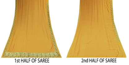 Sanskriti Vintage Saree Yellow Georgette Sari Hand Embroidered Dabka 6YD Fabric