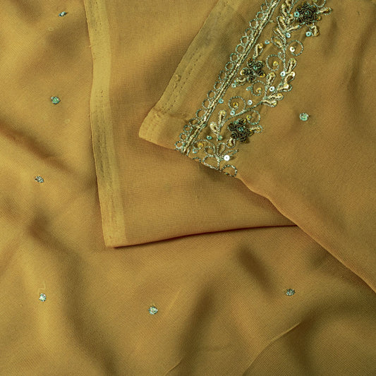 Sanskriti Vintage Saree Yellow Georgette Sari Hand Embroidered Dabka 6YD Fabric