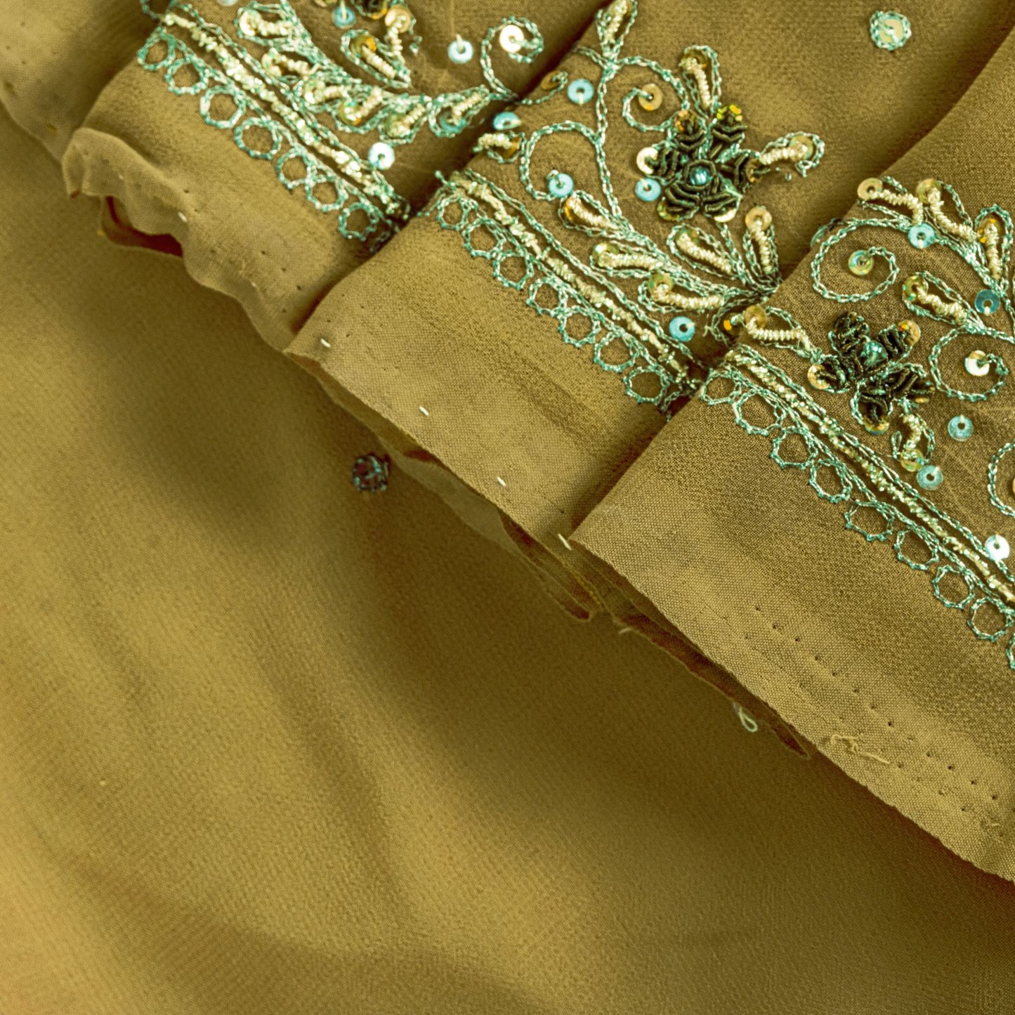 Sanskriti Vintage Saree Yellow Georgette Sari Hand Embroidered Dabka 6YD Fabric