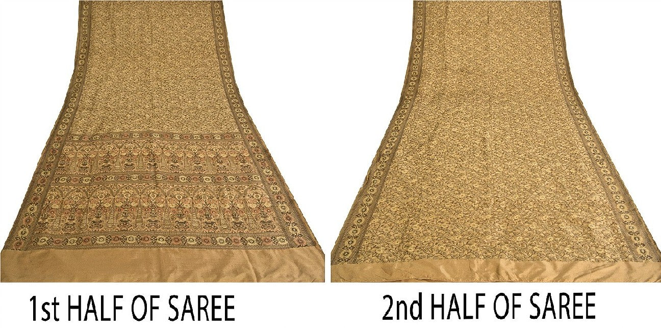 Sanskriti Vintage Indian Saree 100% Pure Silk Brown Woven Cultural Sustainable Fabric Sari