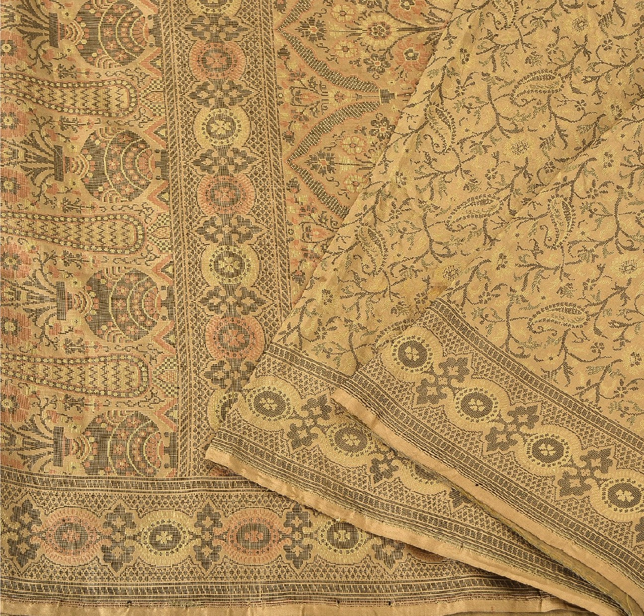 Sanskriti Vintage Indian Saree 100% Pure Silk Brown Woven Cultural Sustainable Fabric Sari