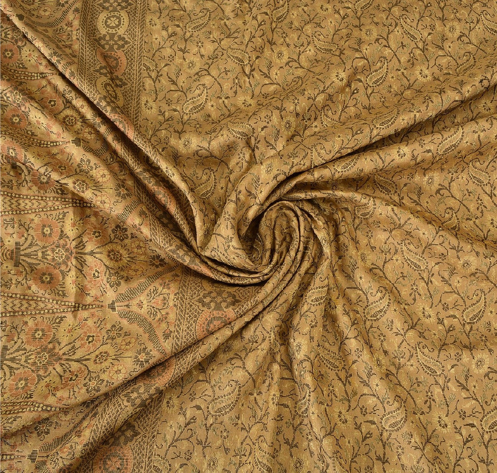Sanskriti Vintage Indian Saree 100% Pure Silk Brown Woven Cultural Sustainable Fabric Sari