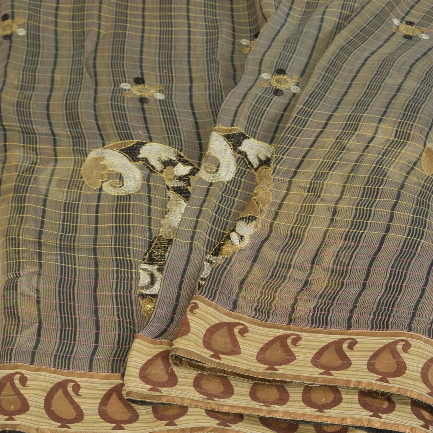 Sanskriti Vintage Sari Cotton Silk Cream Saree Embroidered Woven 5yd Indian Ethnic Fabric Bohemian For Dressmaking,Craft Supplies