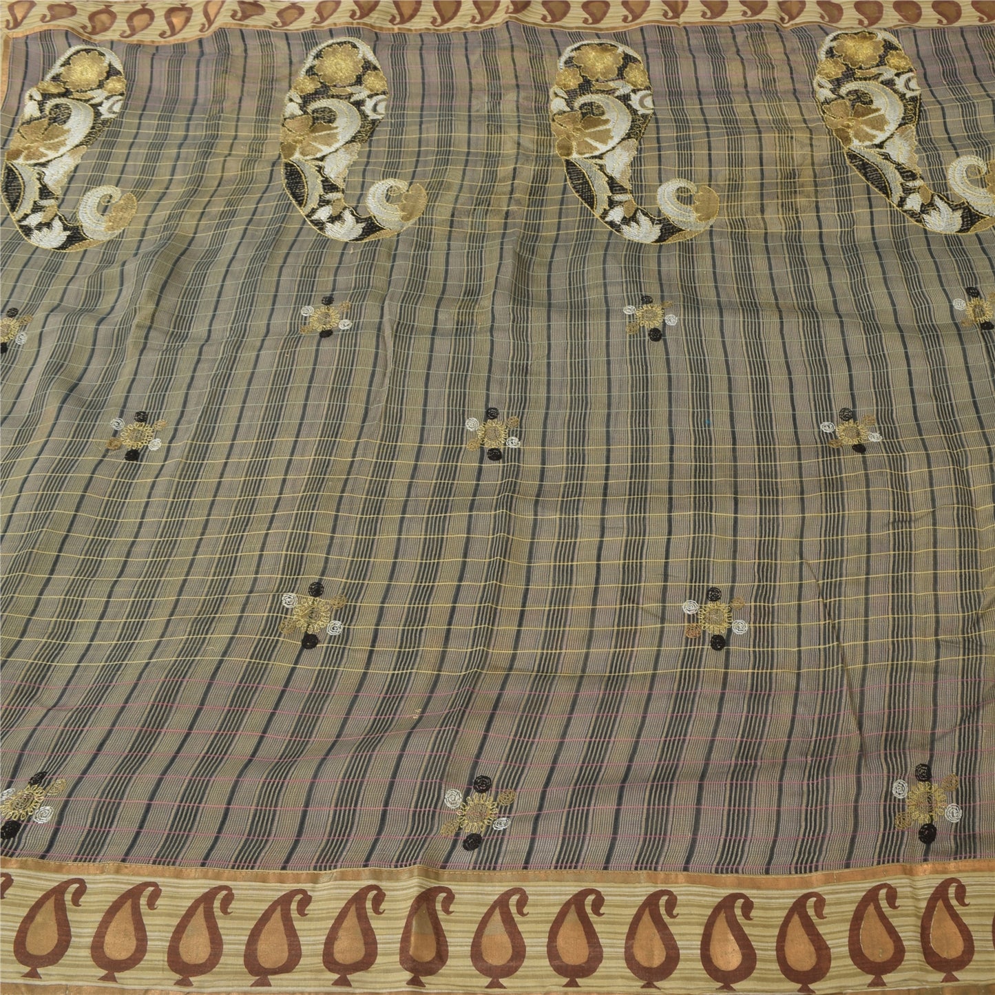 Sanskriti Vintage Sari Cotton Silk Cream Saree Embroidered Woven 5yd Indian Ethnic Fabric Bohemian For Dressmaking,Craft Supplies