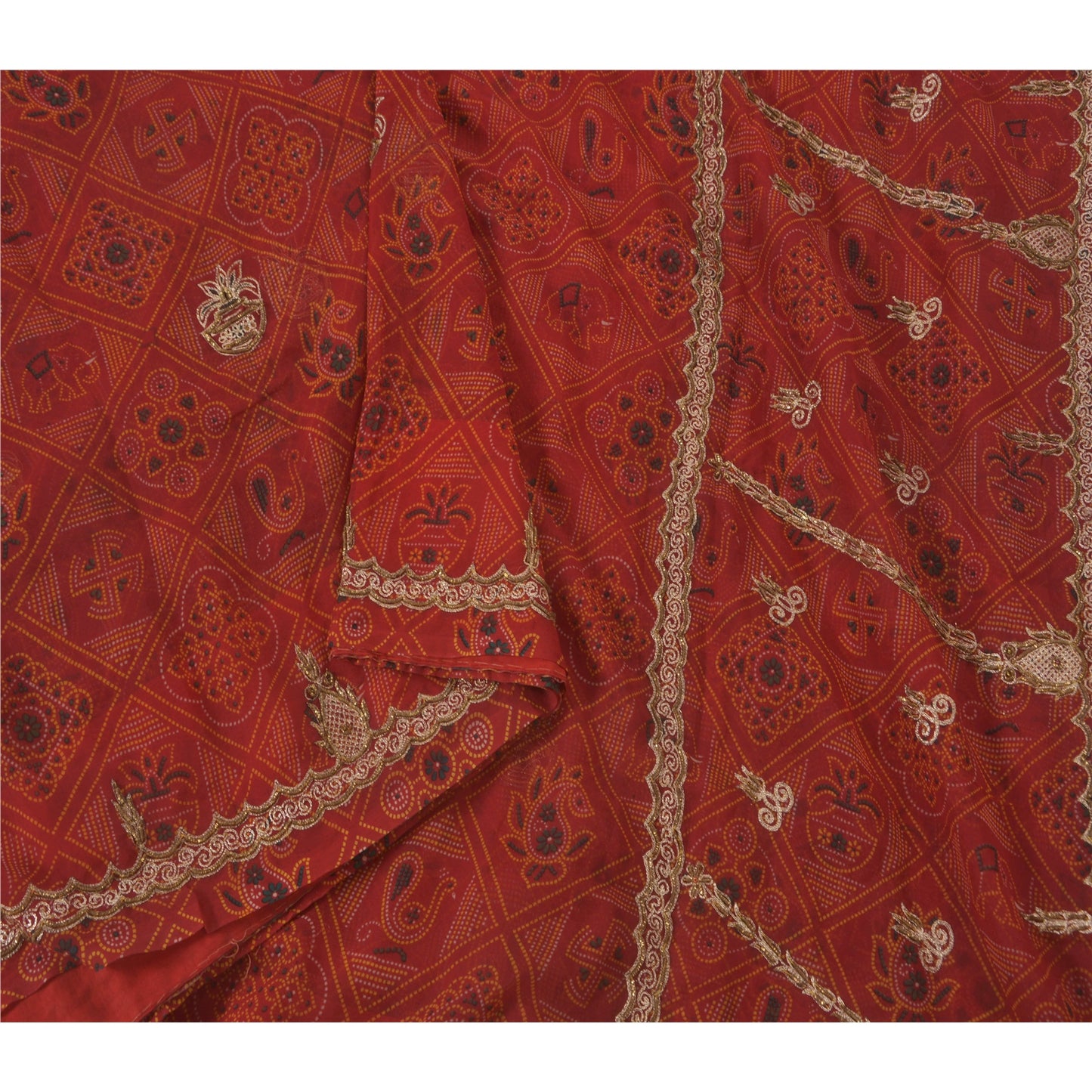 Sanskriti Vintage Red Saree American Georgette Hand Beaded Fabric Premium Sari