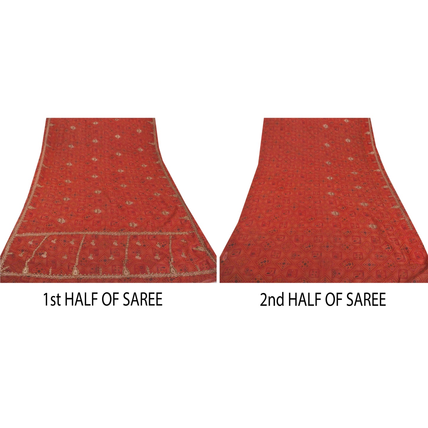 Sanskriti Vintage Red Saree American Georgette Hand Beaded Fabric Premium Sari