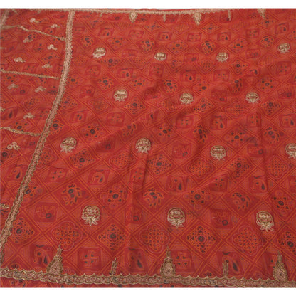 Sanskriti Vintage Red Saree American Georgette Hand Beaded Fabric Premium Sari