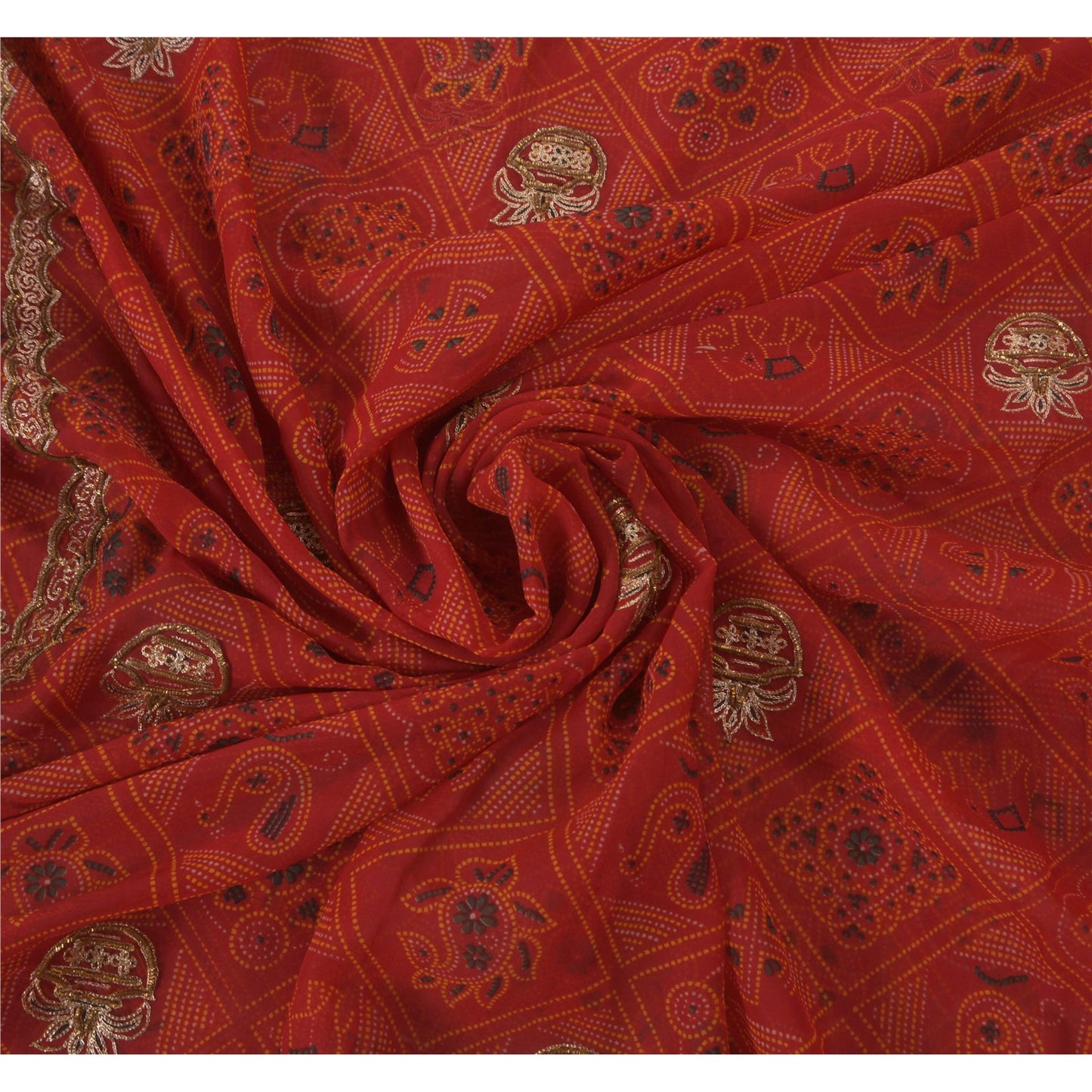 Sanskriti Vintage Red Saree American Georgette Hand Beaded Fabric Premium Sari
