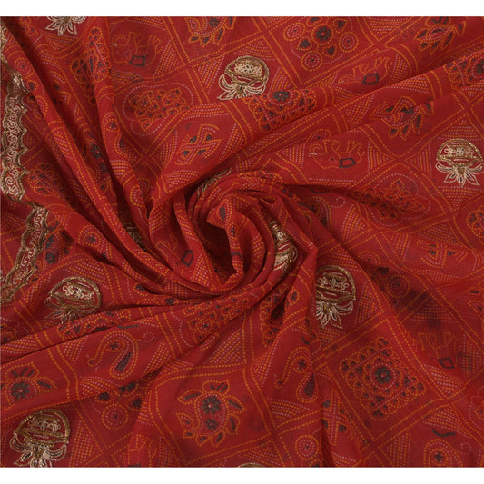 Sanskriti Vintage Red Saree American Georgette Hand Beaded Fabric Premium Sari