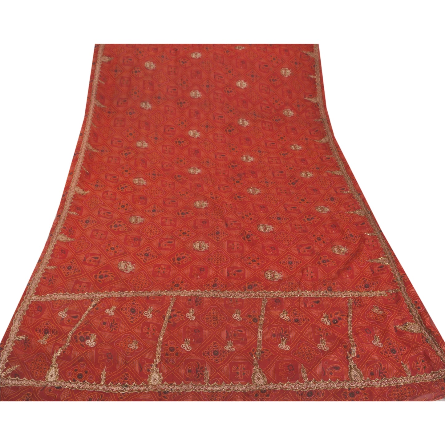 Sanskriti Vintage Red Saree American Georgette Hand Beaded Fabric Premium Sari
