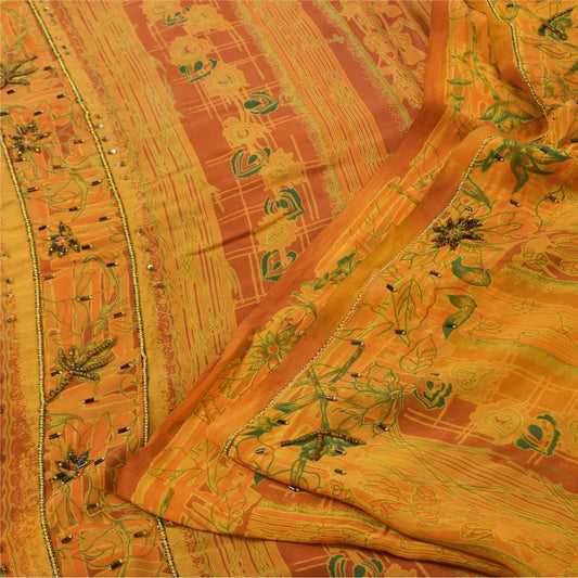 Sanskrit Vintage Yellow Saree Pure Crepe Silk Hand Beaded Printed Fabric Sari