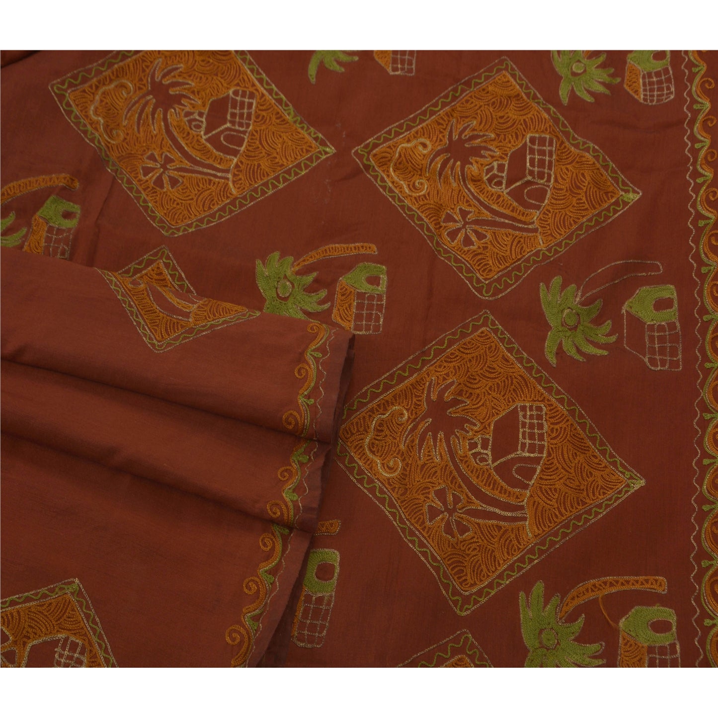 Sanskriti Vintage Brown Saree Art Silk Hand Embroidered Premium Sari Fabric