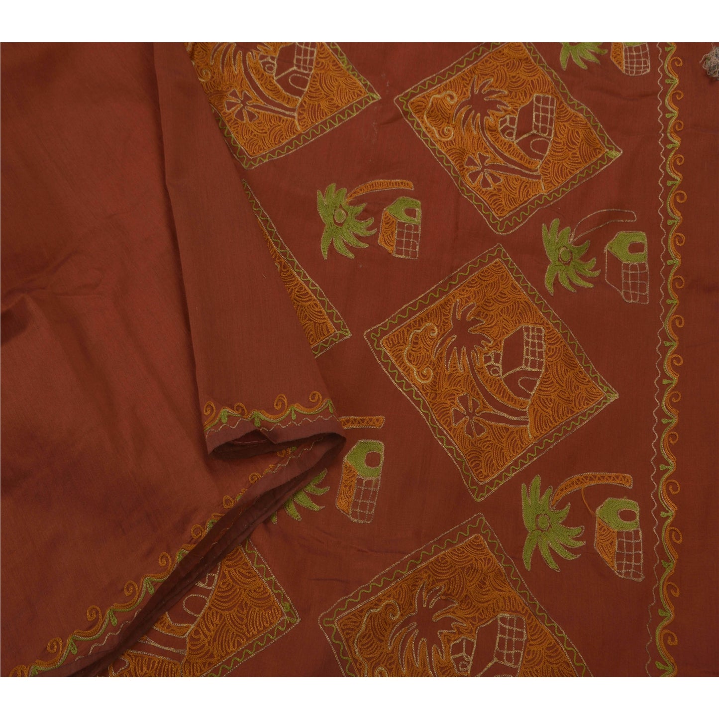 Sanskriti Vintage Brown Saree Art Silk Hand Embroidered Premium Sari Fabric