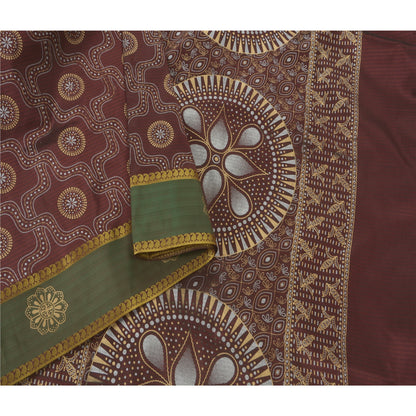 Sanskriti Vintage Dark Red Sarees Art Silk Painted 5YD Craft Fabric Premium Sari