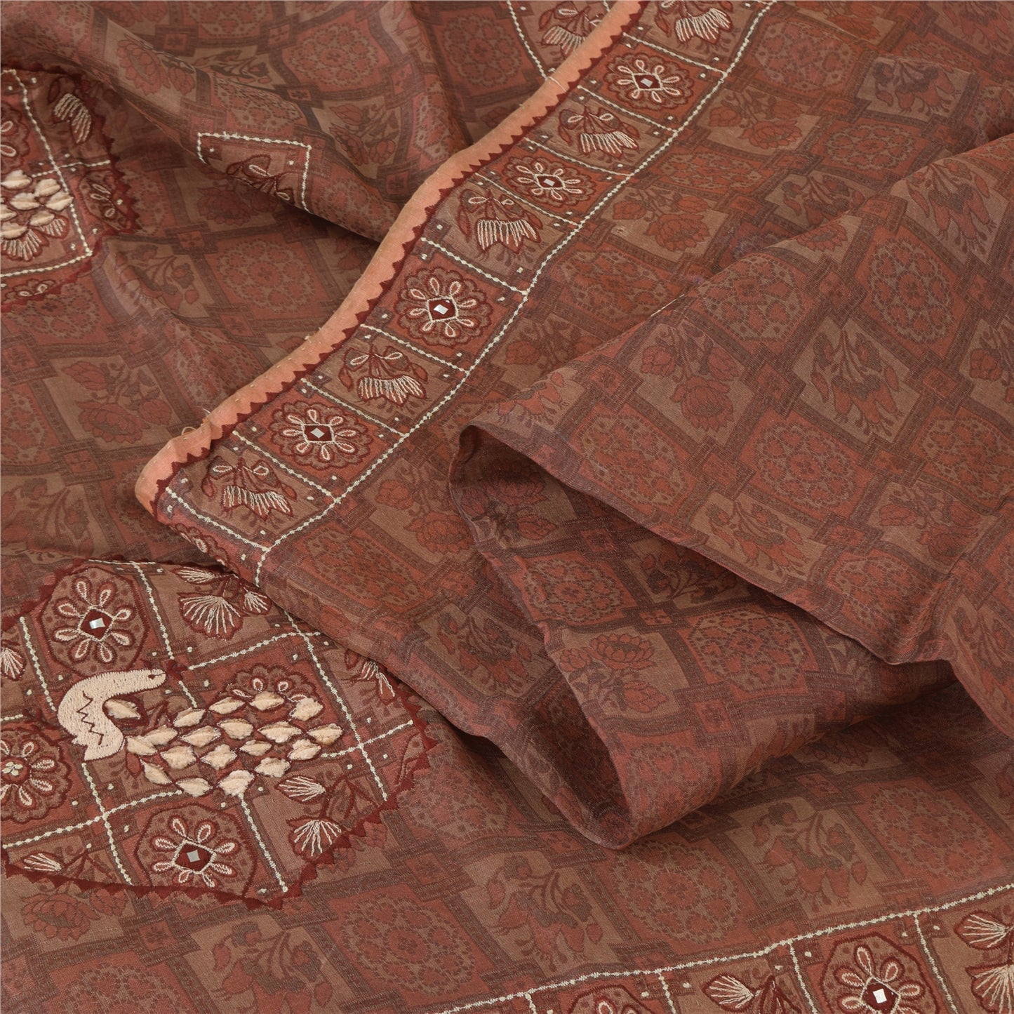 Sanskriti Vintage Mauve Pure Silk Sari - Embroidered Floral Peacock Design -5.5 Yard Fabric Assorted Vintage Scraps, Upcycled Ideal for Bag Making