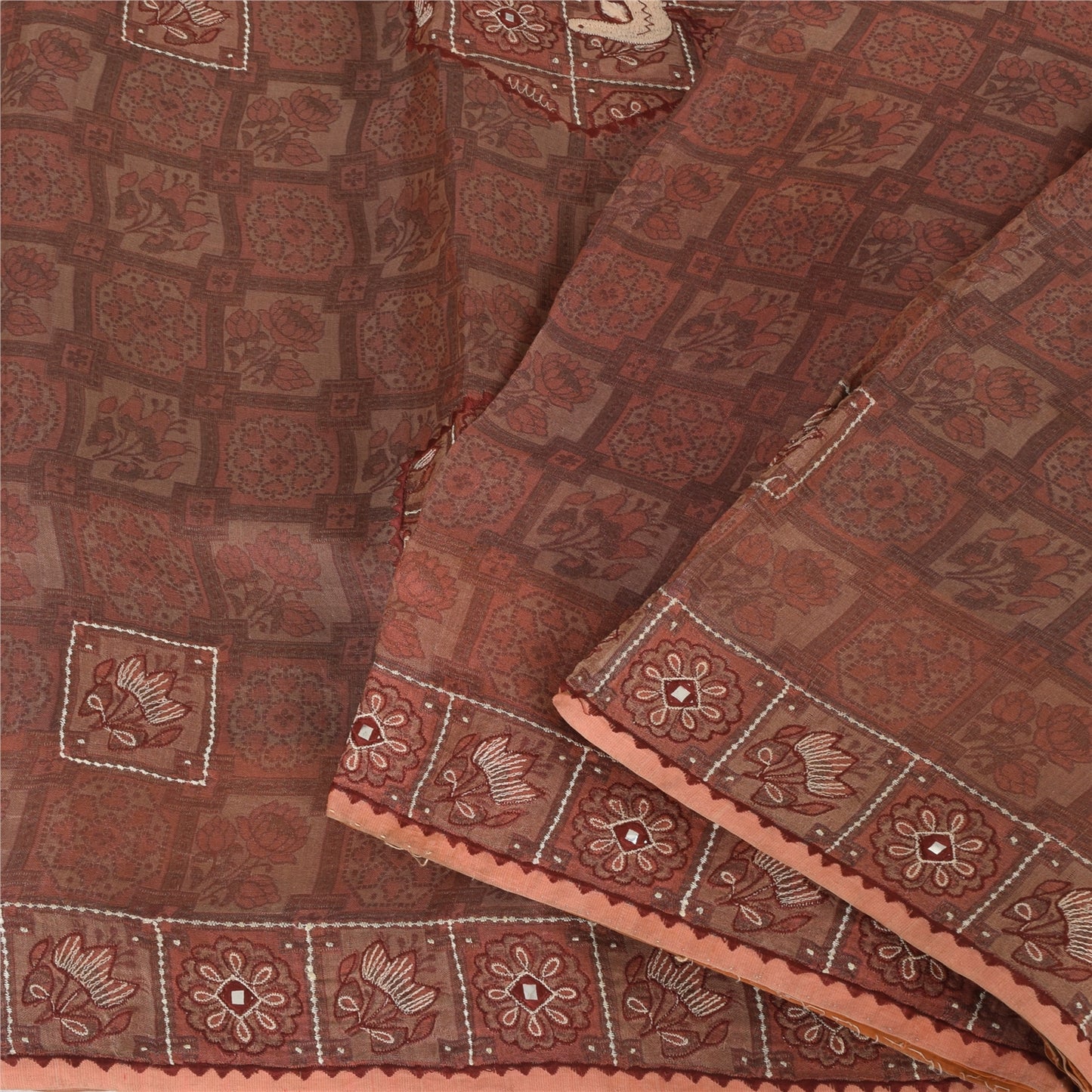 Sanskriti Vintage Mauve Pure Silk Sari - Embroidered Floral Peacock Design -5.5 Yard Fabric Assorted Vintage Scraps, Upcycled Ideal for Bag Making