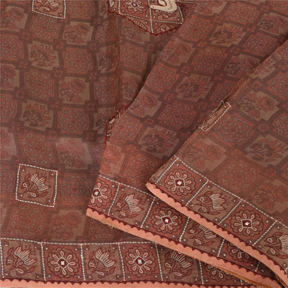 Sanskriti Vintage Mauve Pure Silk Sari - Embroidered Floral Peacock Design -5.5 Yard Fabric Assorted Vintage Scraps, Upcycled Ideal for Bag Making