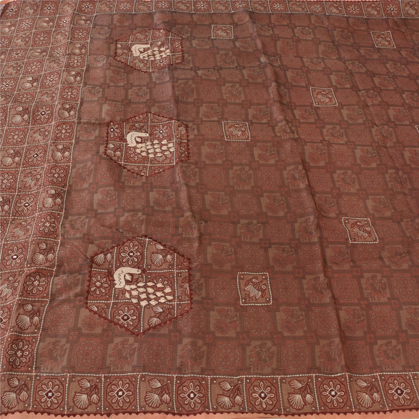 Sanskriti Vintage Mauve Pure Silk Sari - Embroidered Floral Peacock Design -5.5 Yard Fabric Assorted Vintage Scraps, Upcycled Ideal for Bag Making