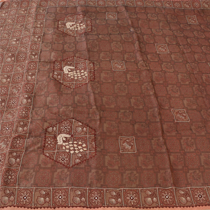 Sanskriti Vintage Mauve Pure Silk Sari - Embroidered Floral Peacock Design -5.5 Yard Fabric Assorted Vintage Scraps, Upcycled Ideal for Bag Making