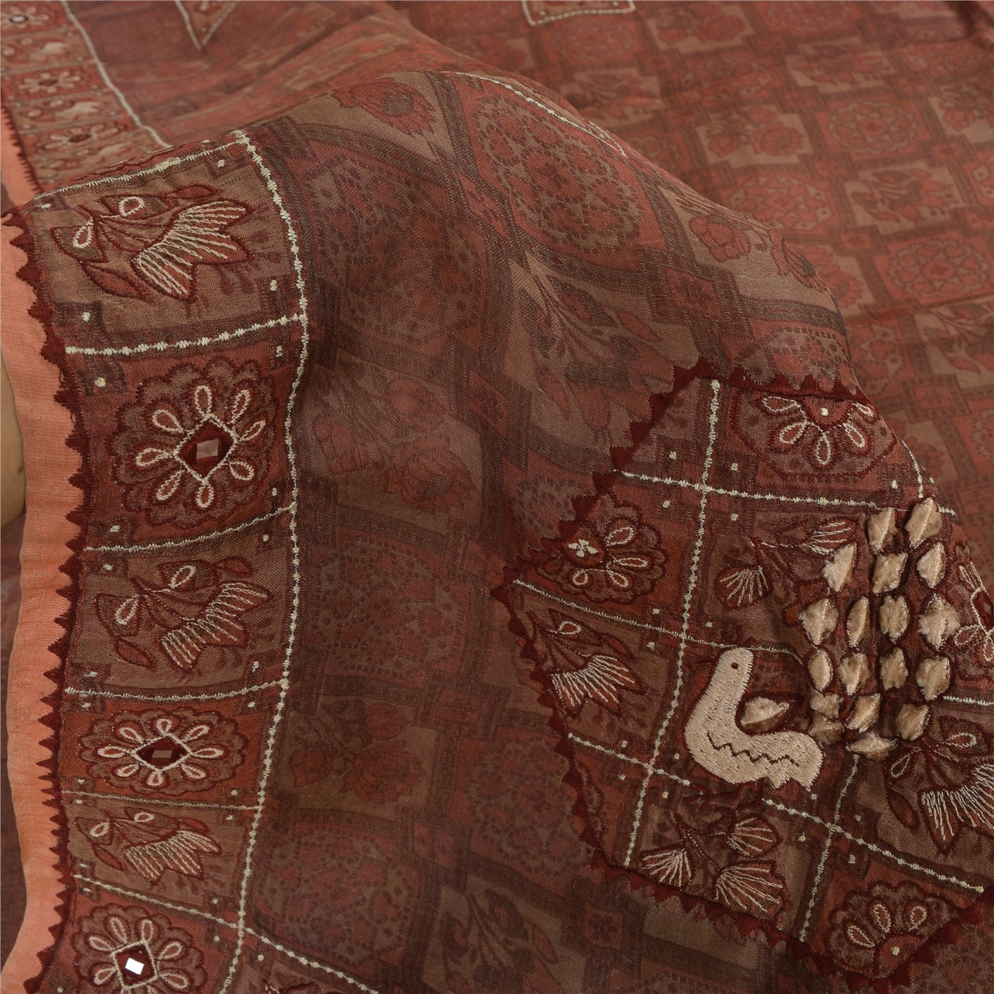 Sanskriti Vintage Mauve Pure Silk Sari - Embroidered Floral Peacock Design -5.5 Yard Fabric Assorted Vintage Scraps, Upcycled Ideal for Bag Making