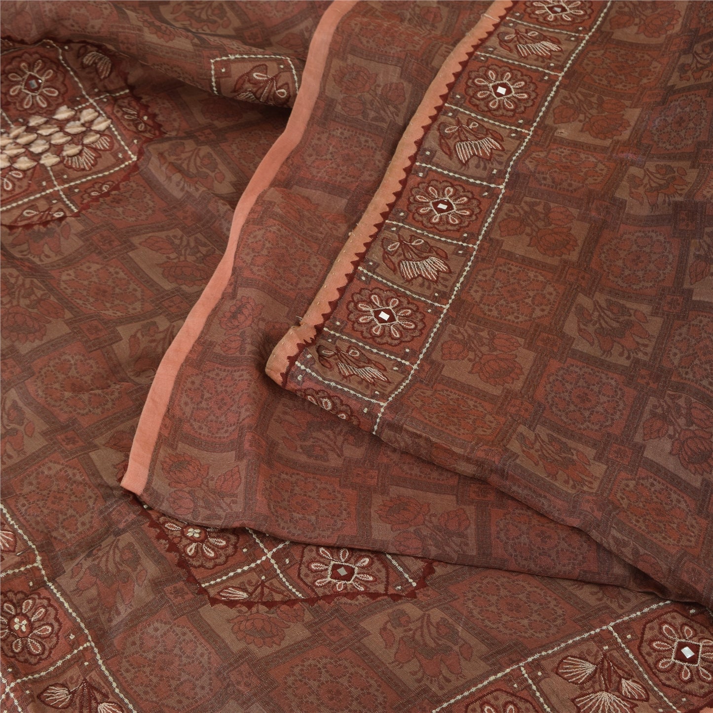 Sanskriti Vintage Mauve Pure Silk Sari - Embroidered Floral Peacock Design -5.5 Yard Fabric Assorted Vintage Scraps, Upcycled Ideal for Bag Making