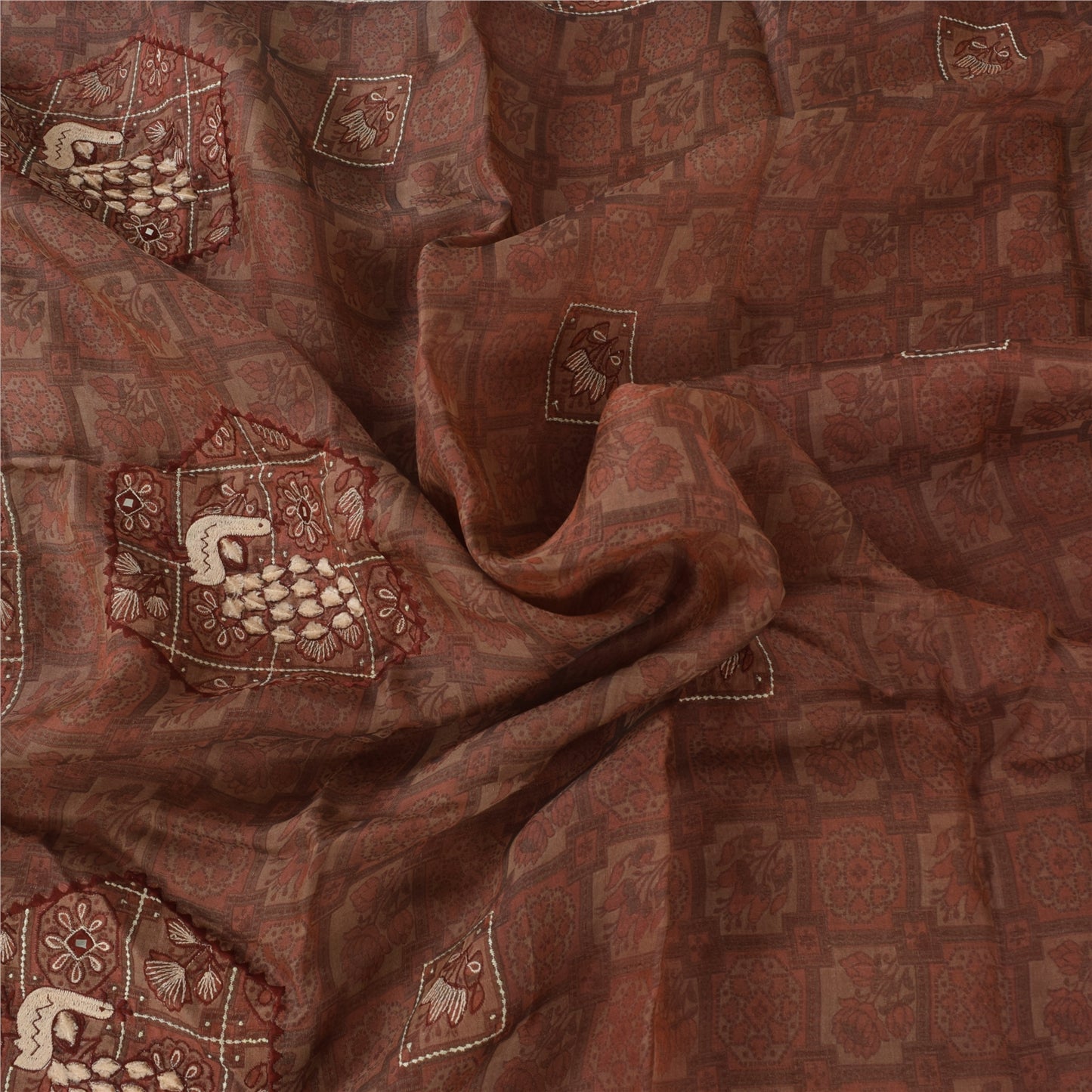 Sanskriti Vintage Mauve Pure Silk Sari - Embroidered Floral Peacock Design -5.5 Yard Fabric Assorted Vintage Scraps, Upcycled Ideal for Bag Making