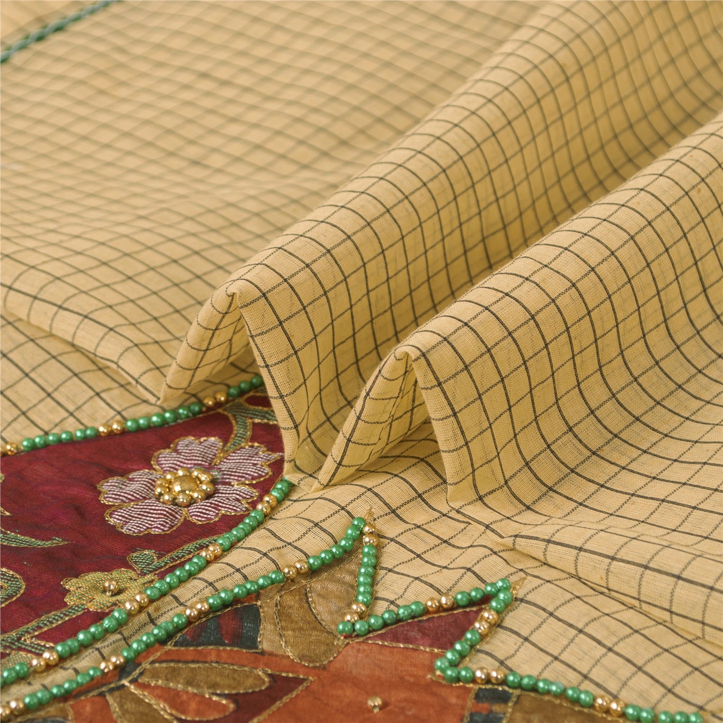 Sanskriti Vintage Cream Sarees Blend Cotton Hand Bead Zari Sari 5+YDCraft Fabric