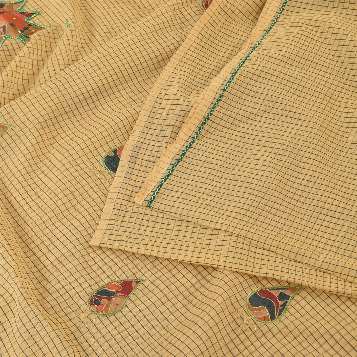Sanskriti Vintage Cream Sarees Blend Cotton Hand Bead Zari Sari 5+YDCraft Fabric