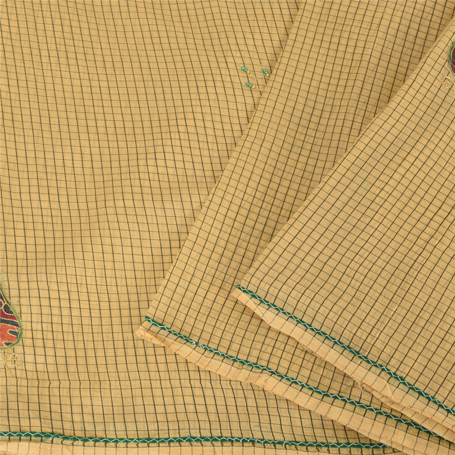 Sanskriti Vintage Cream Sarees Blend Cotton Hand Bead Zari Sari 5+YDCraft Fabric